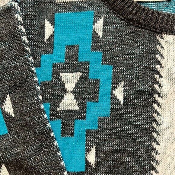 Vintage Justin Allen Size M Pull Over Bold Aztec Southwestern‎ Grey Teal Sweater - Picture 8 of 8